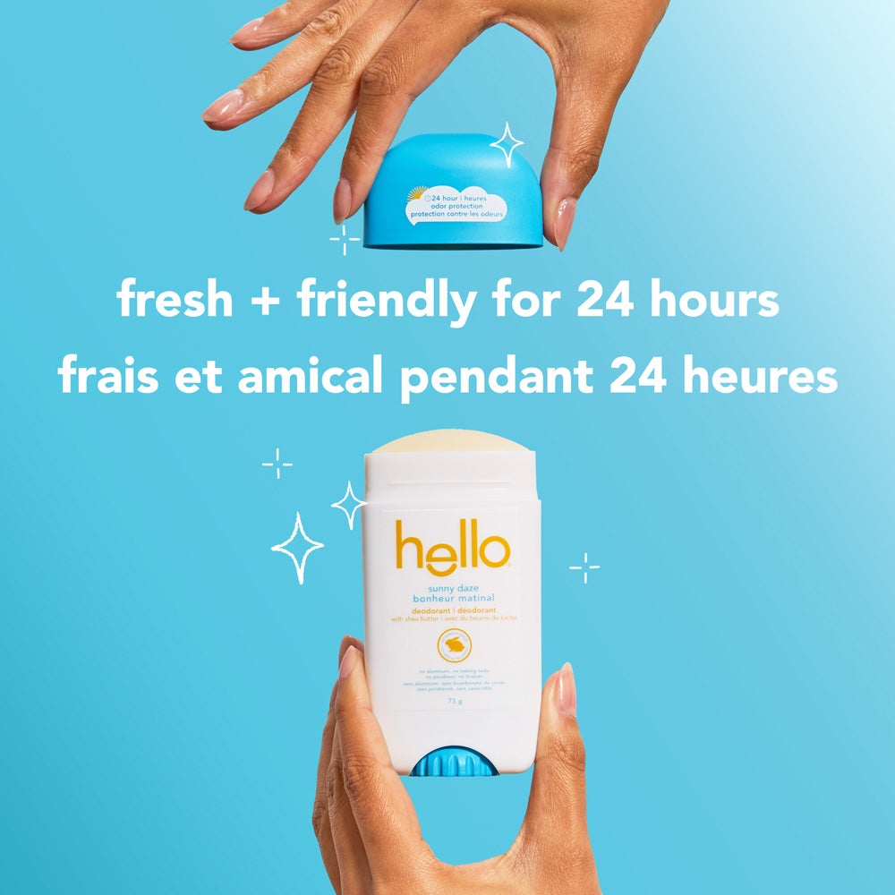 A stick of Hello Sunny Daze deodorant, highlighting 24-hour odor protection and ingredients like shea butter and baking soda, with text in both English and French