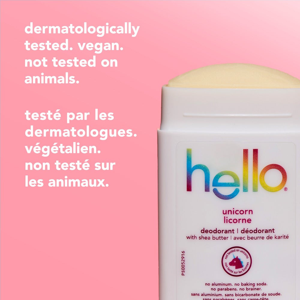An open hello unicorn deodorant stick is shown on the right. On the left side, the image displays text reading "dermatologically tested. vegan. not tested on animals."