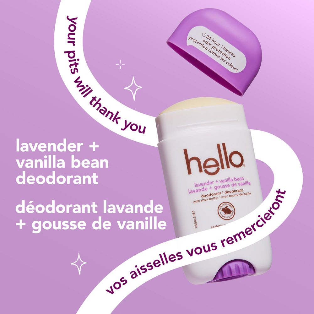 A stick of hello lavender vanilla  deodorant with its light purple cap off, set on a green background. The text reads "your pits will thank you" and "lavender vanilla bean " Decorative sparkles appear next to the text.