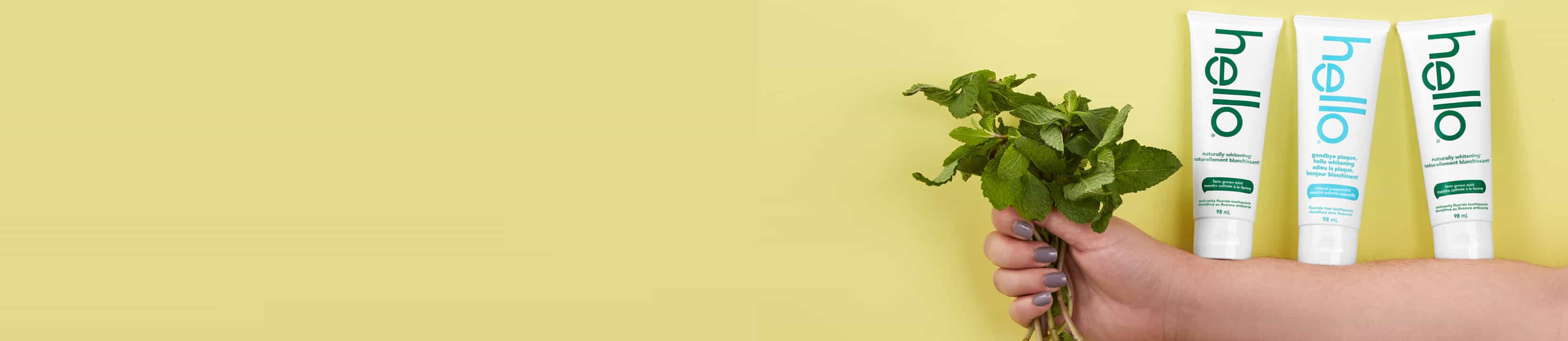 pasta de dientes hello y mano sosteniendo mentas