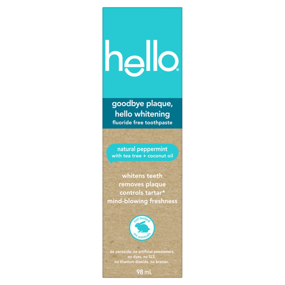 carton of Hello natural peppermint toothpaste in a 98ml tube, promotes whitening and plaque removal.