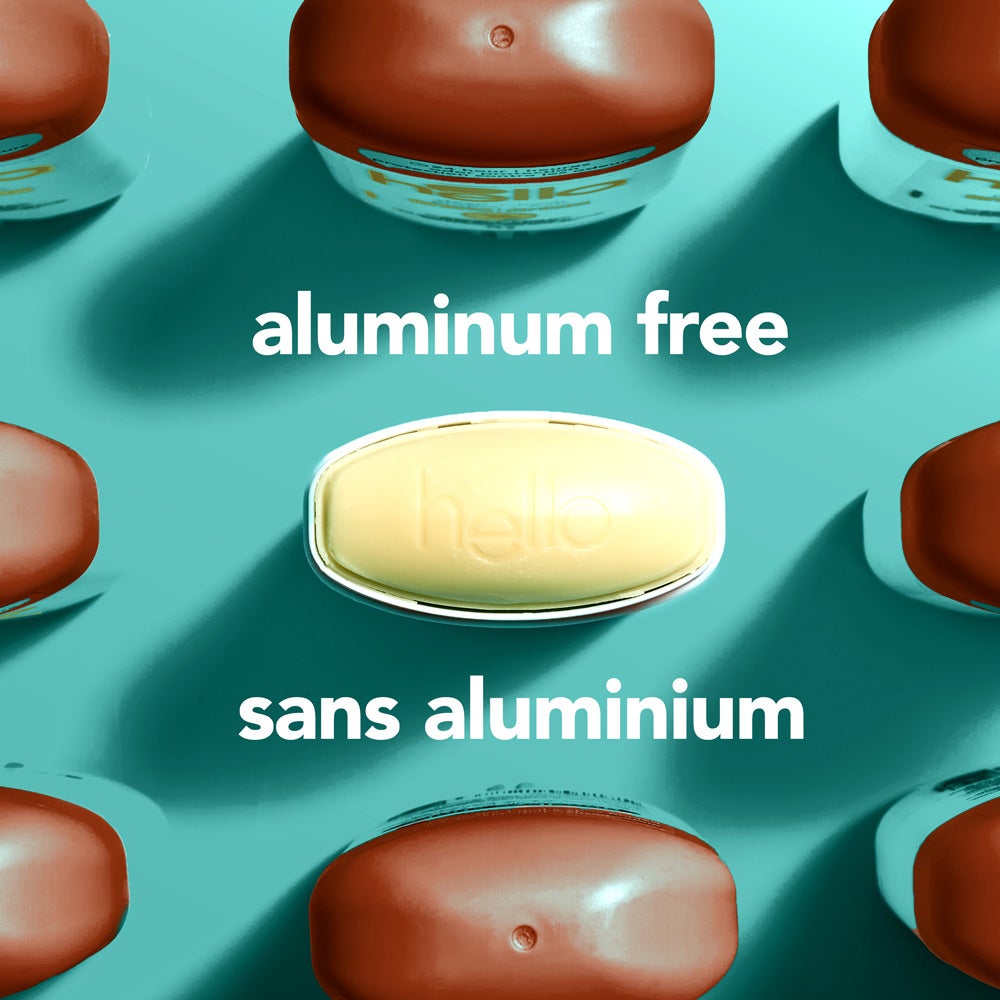Top view of several hello sweet coconut deodorant sticks with brown caps arranged on a greenish blue background. The center deodorant has the cap removed, showing the product. Text reads: aluminum free.