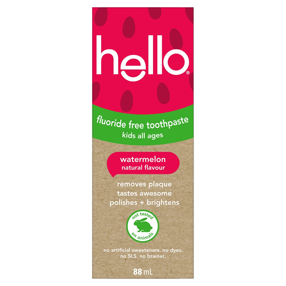 A carton of Hello Watermelon fluoride-free toothpaste for kids of all ages. The carton is labeled with "natural flavor," "removes plaque," "great taste," "polishes + brightens," and "not tested on animals" in both English and French. It also states "no artificial sweeteners, no dyes, no SLS, no brainer," and indicates the size is 88 mL.