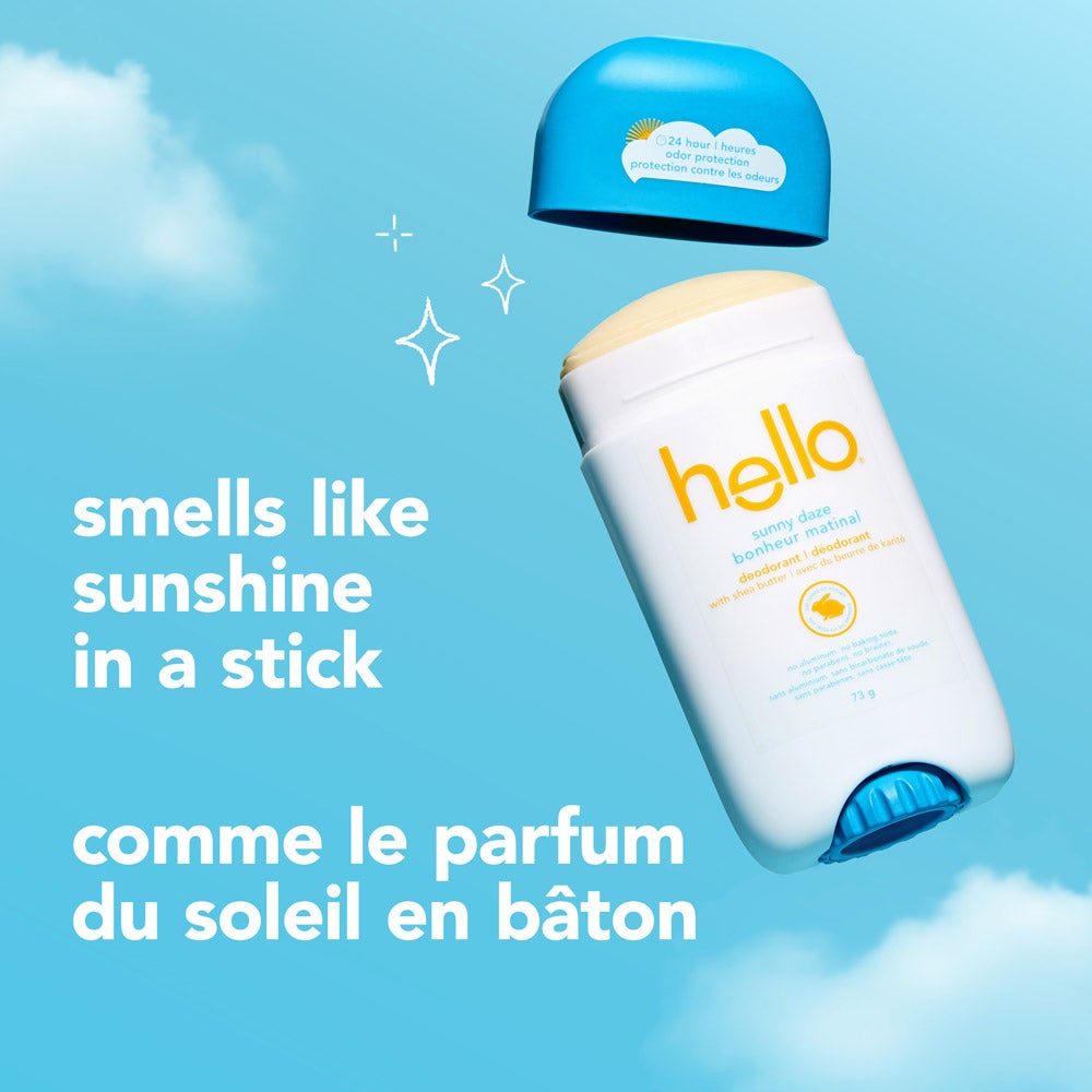 Hello Sunny Daze deodorant with shea butter, highlighting the '24 hour odor protection' and 'smells like sunshine in a stick' claims, with vibrant white, blue and yellow packaging.