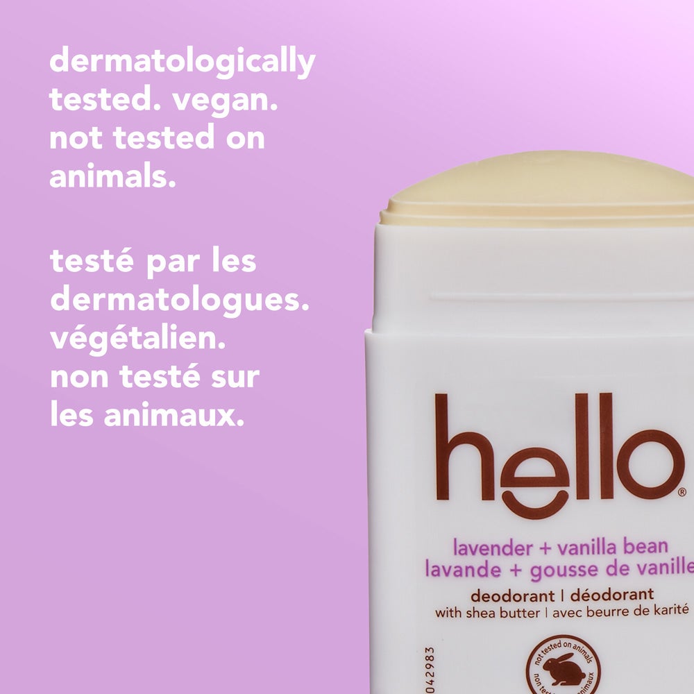 An open hello Lavender Vanilla Bean deodorant stick is shown on the right. On the left side, the image displays text reading "dermatologically tested. vegan. not tested on animals."