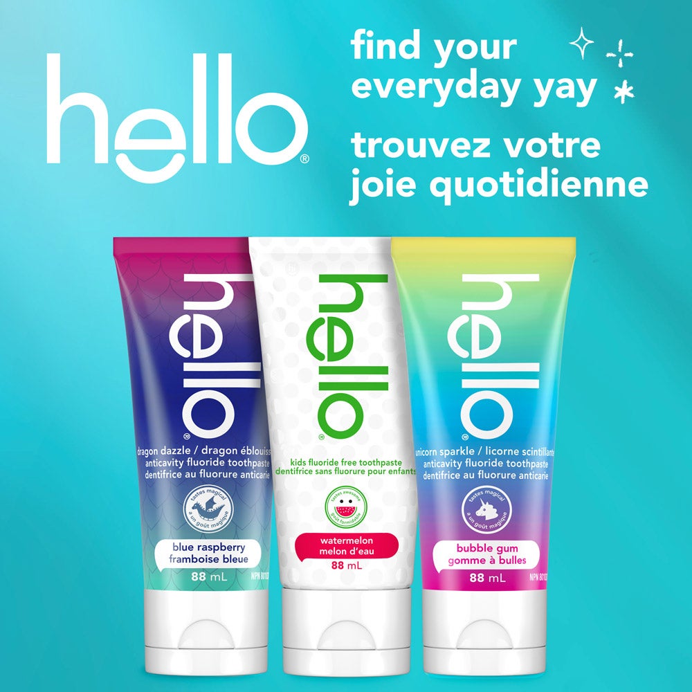 Three tubes of Hello toothpaste are displayed upright against a blue background. The flavors shown are dragon dazzle blue raspberry, watermelon, and unicorn bubble gum. The text in the top right corner says, "find your everyday yay."
