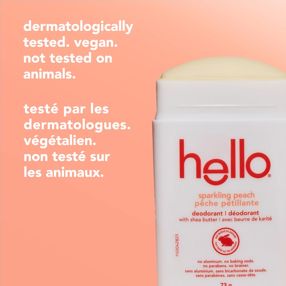hello sparkling peach deodorant stick with a beige cap, cap removed to show the product. Text on the left reads: dermatologically tested, vegan, not tested on animals.