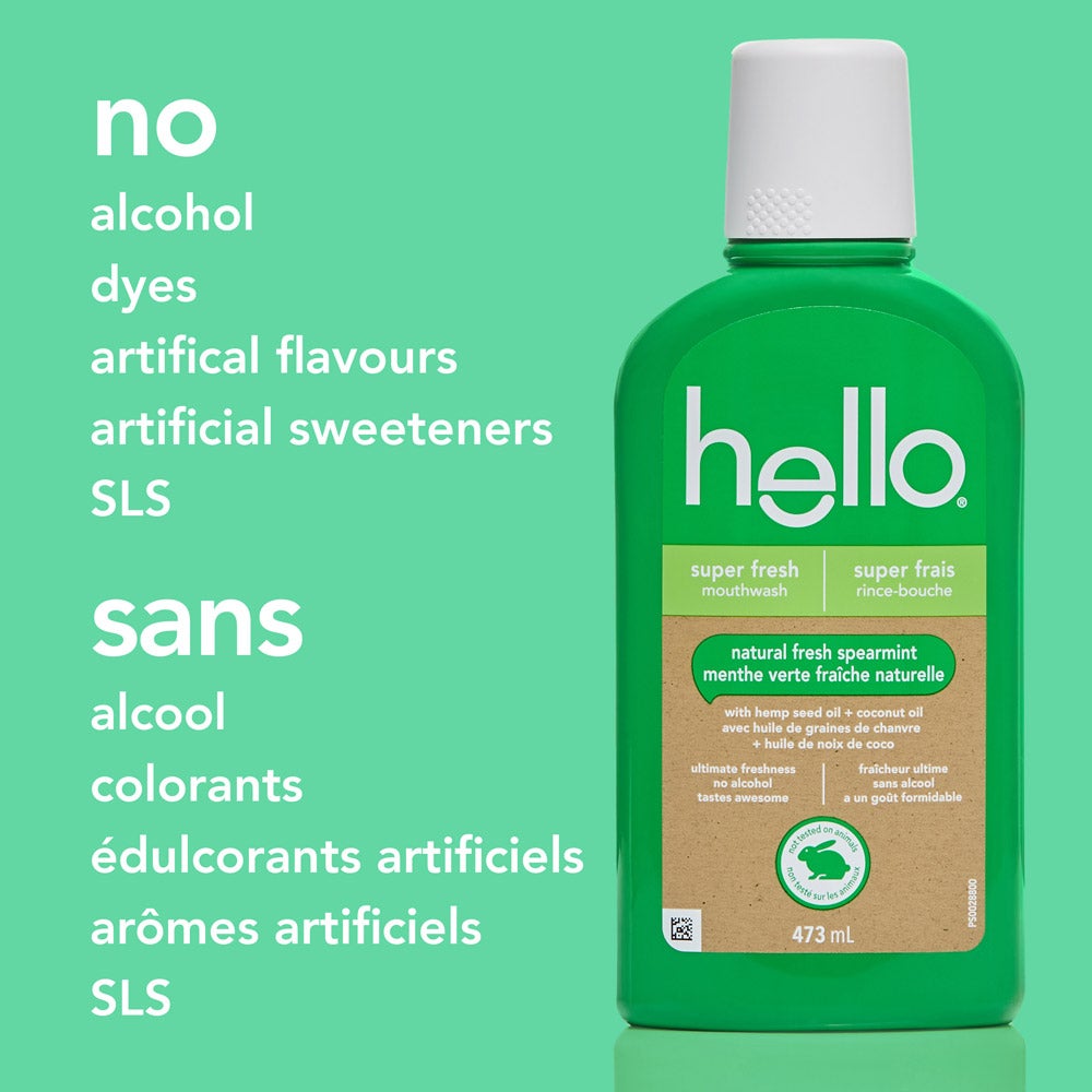 A green bottle of hello super fresh mouthwash is centered on a plain green background. Text to the left lists ingredients the product does not contain: "no alcohol, dyes, artificial flavours, artificial sweeteners, SLS" in English and French.