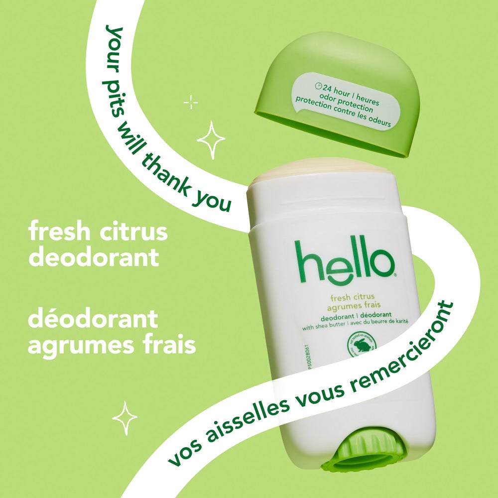 A stick of hello fresh citrus deodorant with its green cap off, set on a green background. The text reads "your pits will thank you" and "fresh citrus " Decorative sparkles appear next to the text.